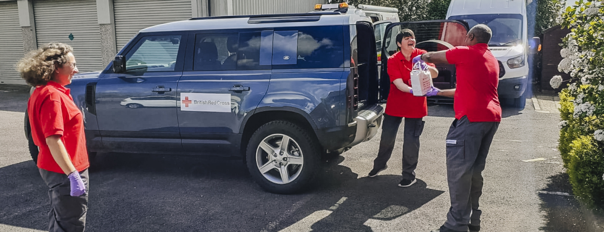 British Red Cross Volunteers from Bristol use Land Rover Defenders to deliver support packages for those in need