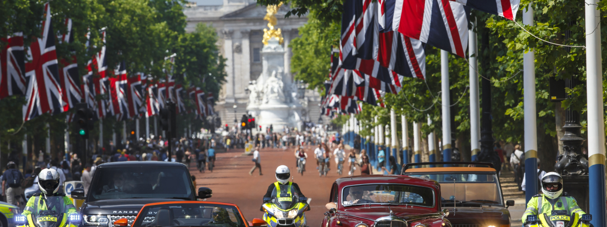 Current and heritage Jaguar and Land Rover vehicles on The Mall