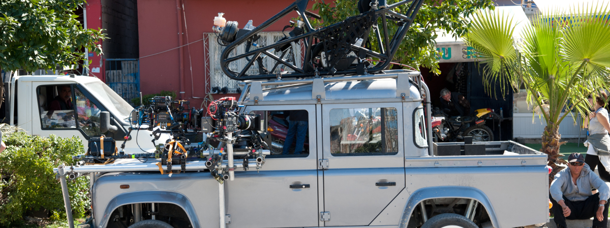 The Land Rover Defender complete with shooting rig on location in Turkey.