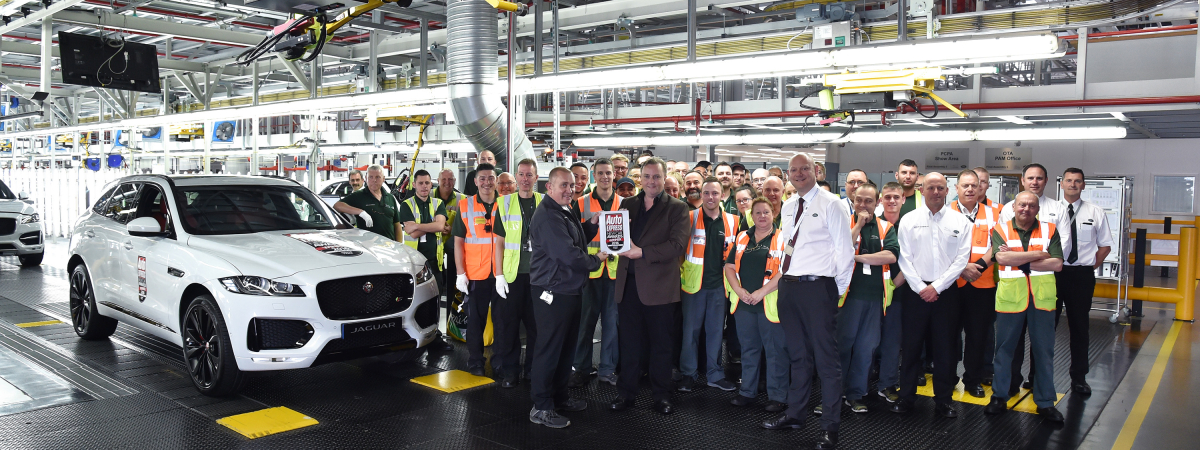 Auto Express hands Car of the Year Award 2016 to the Jaguar Land Rover Advanced Manufacturing Facility in Solihull where the award winning F-PACE is built.