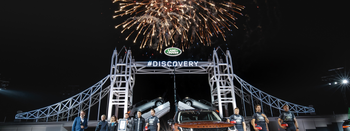 British stars assemble for the reveal of the new Land Rover Discovery in front of the world largest LEGO structure