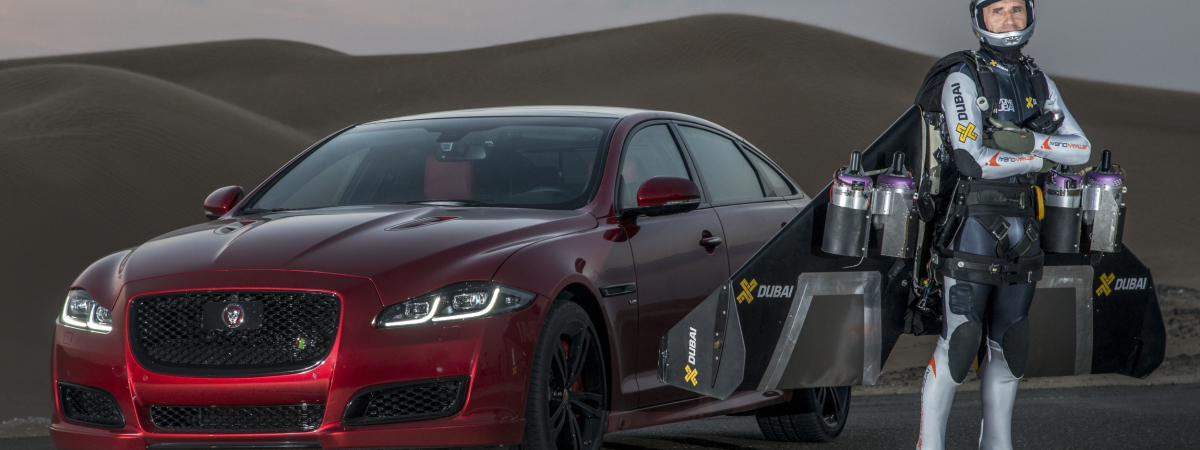 F1 Star Martin Brundle and New Jaguar XJR Take on High-Flying ‘Jetman’ Yves Rossy in World-First Desert Drag Race