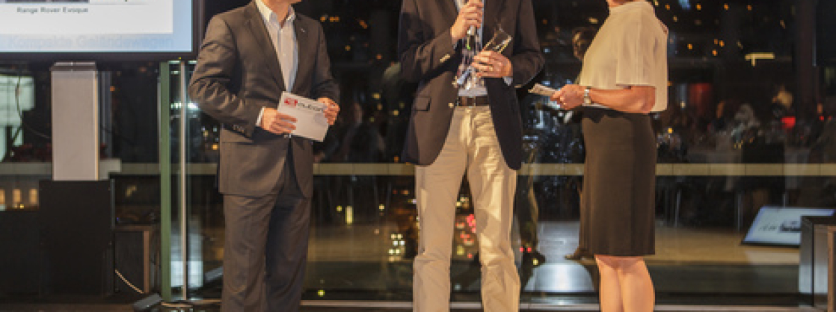 Jaguar Land Rover Triumphs at Autonis Awards with Three Trophies for Best Design - left to right Jens Katemann, Editor in Chief of AMS, Christian Bangemann, PR Manager European Operations and Birgit Priemer, Deputy Editor in Chief AMS