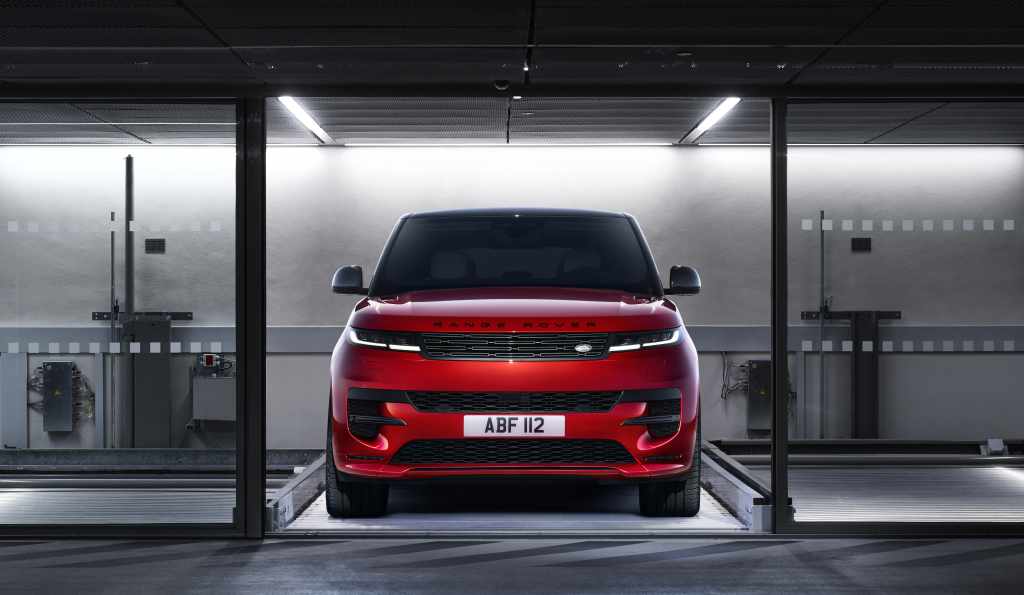 Front view of a red Range Rover Sport