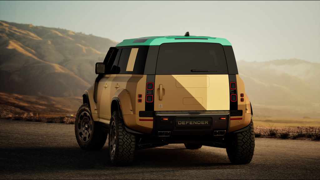 Vista posterior del Defender Dakar 2027 en configuración Dakar Sand y techo Yanbu Turquoise