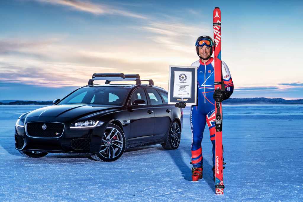 Jaguar and Olympic Skier Graham Bell set new GUINNESS WORLD RECORDS title for the Fastest towed speed on skis