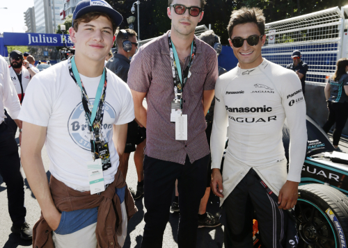 Tye Sheridan, Nicholas Hoult and Panasonic Jaguar Racing driver Mitch Evans on the grid at the Montreal ePrix