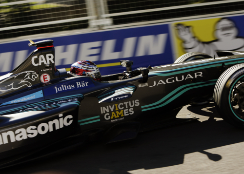 Tye Sheridan, Nicholas Hoult and Panasonic Jaguar Racing driver Mitch Evans on the grid at the Montreal ePrix